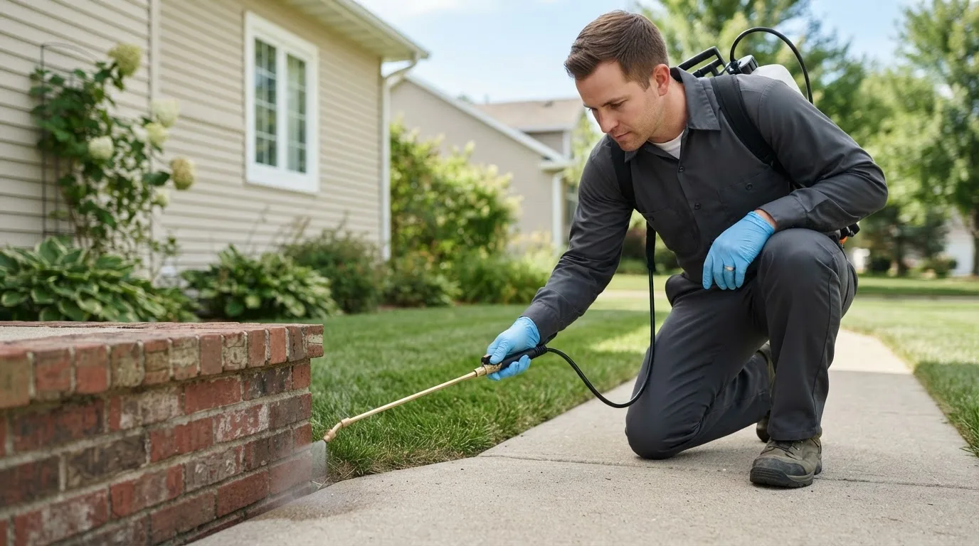 Pest control technician treating a home near Belpre, OH