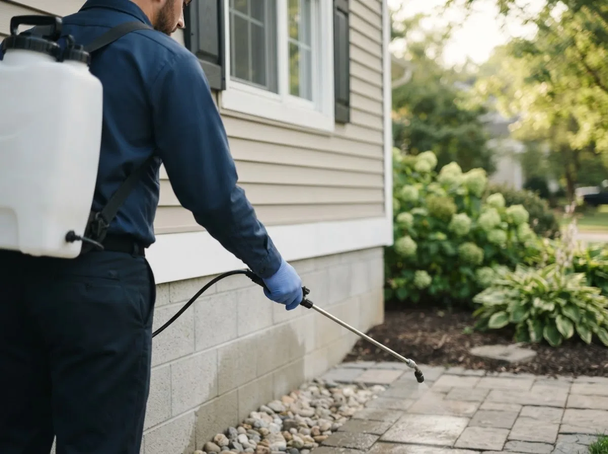Pest control technician inspecting a home in Belpre, OH